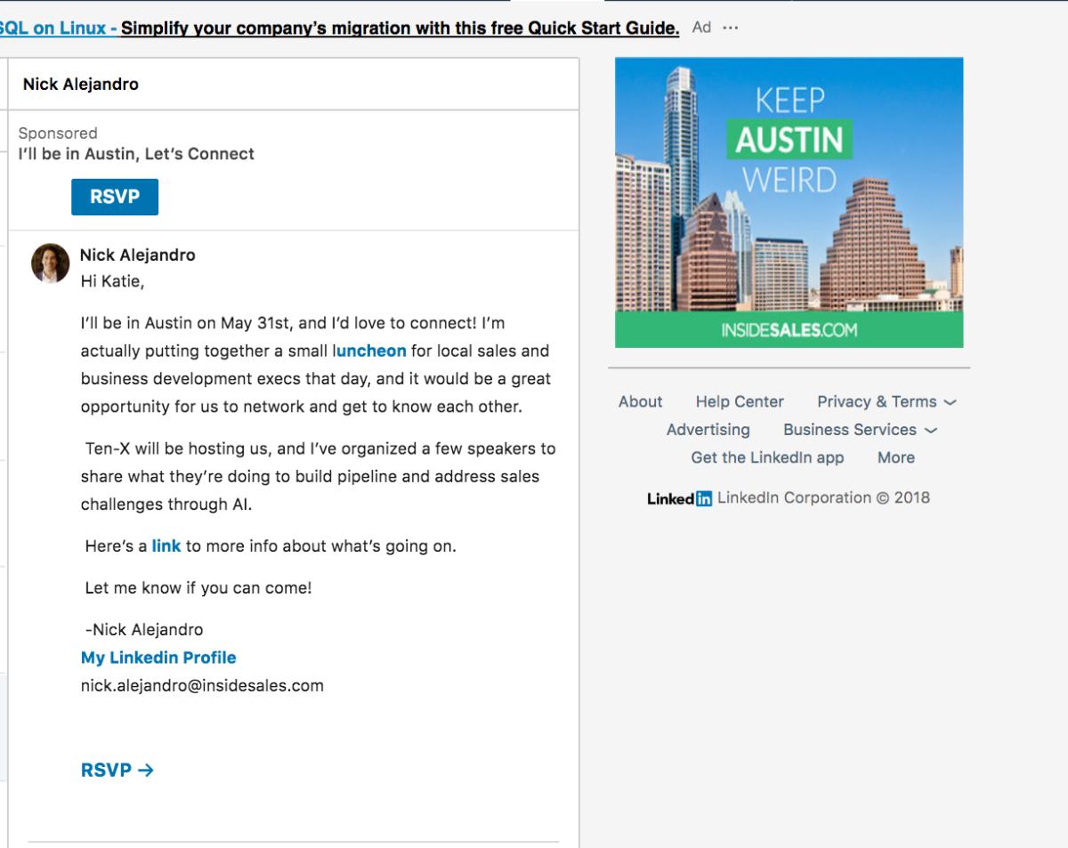 LinkedIn InMail sponsored message example - template | LinkedIn InMail for Sales - How to Get More Pipeline With Social