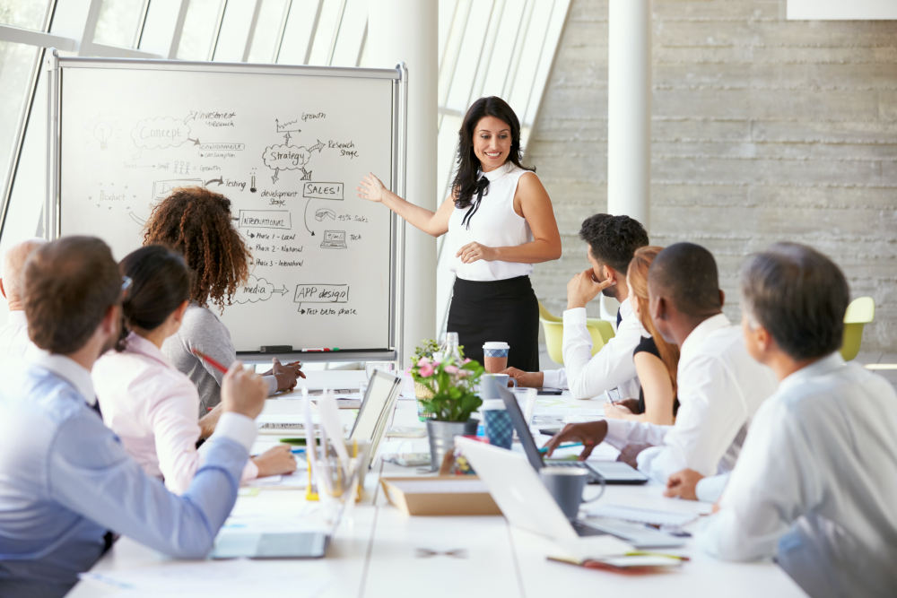 Businesswoman leading meeting at boardroom table | Mapping The Sales Process: Steps For Success | sales territory mapping | sales process steps | sales organization